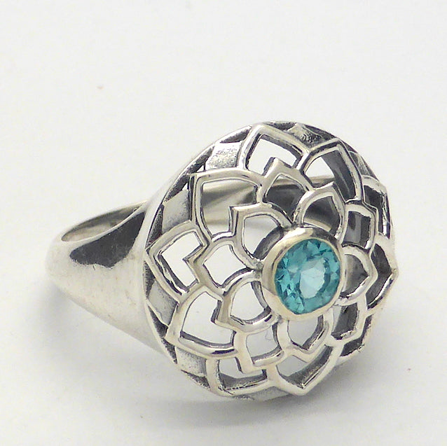 Neon Blue Apatite Ring | AA Grade Faceted Round | Set in Geometric Filigree Lotus Design | 925 Sterling Silver | Simple Setting | US Size  6 or 7 | Genuine Gems from  Crystal Heart Melbourne Australia since 1986