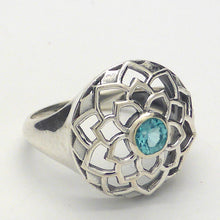 Load image into Gallery viewer, Neon Blue Apatite Ring | AA Grade Faceted Round | Set in Geometric Filigree Lotus Design | 925 Sterling Silver | Simple Setting | US Size  6 or 7 | Genuine Gems from  Crystal Heart Melbourne Australia since 1986