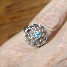 Load image into Gallery viewer, Neon Blue Apatite Ring | AA Grade Faceted Round | Set in Geometric Filigree Lotus Design | 925 Sterling Silver | Simple Setting | US Size  6 or 7 | Genuine Gems from  Crystal Heart Melbourne Australia since 1986