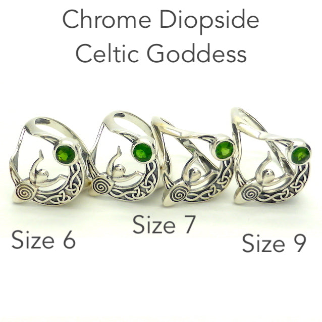 Chrome Diopside Ring | Vibrant Green Faceted Rounds |Spiral Goddess | Celtic Knotwork Crescent Moon  | 925 Sterling Silver | Simple Setting | US Size 6 7 or 9 | Genuine Gems from  Crystal Heart Melbourne Australia since 1986