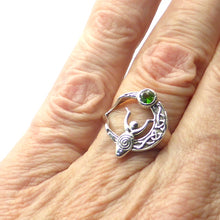 Load image into Gallery viewer, Chrome Diopside Ring | Vibrant Green Faceted Rounds |Spiral Goddess | Celtic Knotwork Crescent Moon  | 925 Sterling Silver | Simple Setting | US Size 6 7 or 9 | Genuine Gems from  Crystal Heart Melbourne Australia since 1986