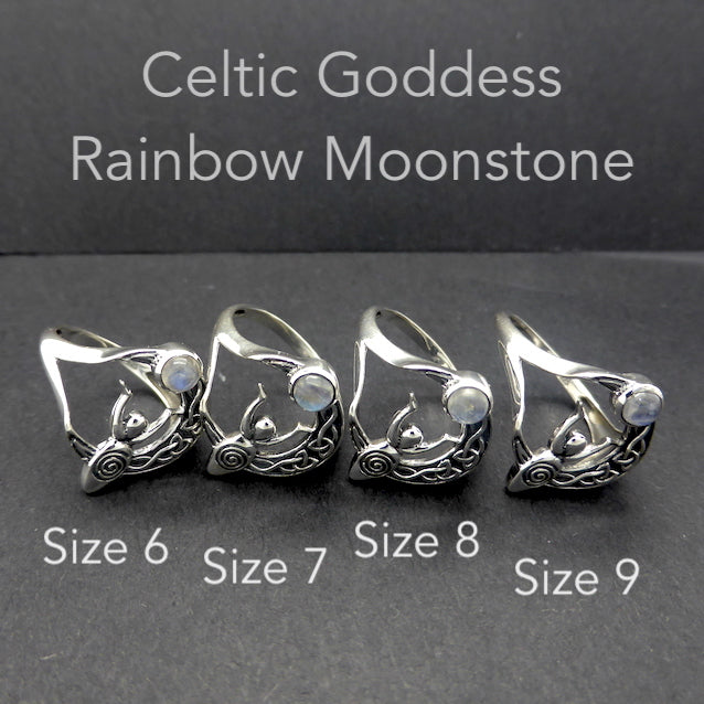 Rainbow Moonstone Celtic Goddess  Ring | Spiral Heart| Celtic Knotwork Crescent Moon  | 925 Sterling Silver | Simple Setting | US Size 6, 7, 8 or 9 | Genuine Gems from Crystal Heart Melbourne Australia since 1986