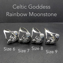 Load image into Gallery viewer, Rainbow Moonstone Celtic Goddess  Ring | Spiral Heart| Celtic Knotwork Crescent Moon  | 925 Sterling Silver | Simple Setting | US Size 6, 7, 8 or 9 | Genuine Gems from Crystal Heart Melbourne Australia since 1986