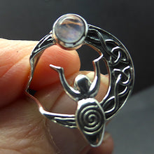 Load image into Gallery viewer, Rainbow Moonstone Celtic Goddess  Ring | Spiral Heart| Celtic Knotwork Crescent Moon  | 925 Sterling Silver | Simple Setting | US Size 6, 7, 8 or 9 | Genuine Gems from Crystal Heart Melbourne Australia since 1986