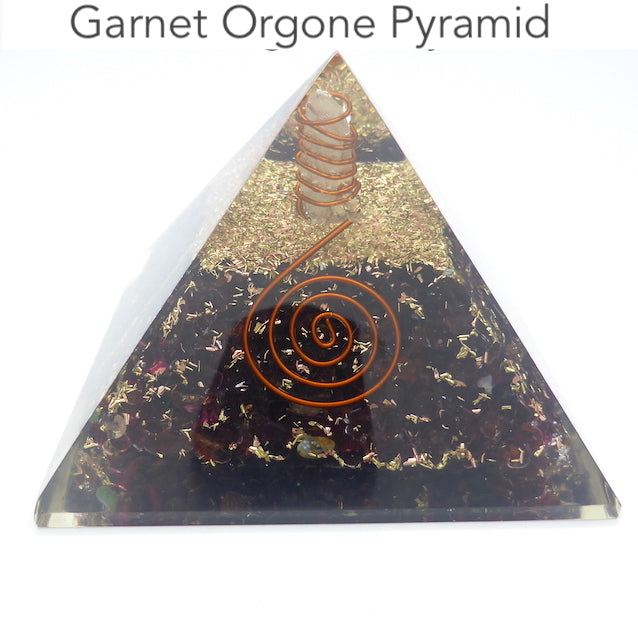 Orgonite Pyramid with genuine Red Garnet Chips | Clear Crystal Point conduit in Copper Spiral | Accumulate Orgone Energy | Crystal Heart Melbourne Australia since 1986