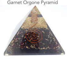 Load image into Gallery viewer, Orgonite Pyramid with genuine Red Garnet Chips | Clear Crystal Point conduit in Copper Spiral | Accumulate Orgone Energy | Crystal Heart Melbourne Australia since 1986