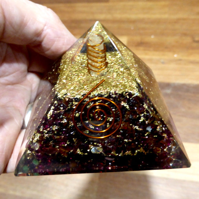 Orgonite Pyramid with genuine Red Garnet Chips | Clear Crystal Point conduit in Copper Spiral | Accumulate Orgone Energy | Crystal Heart Melbourne Australia since 1986