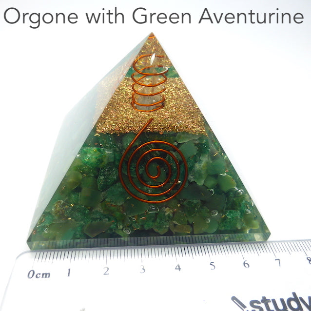 Orgonite Pyramid embedded with sparkling Green Aventurine Chips | Clear Crystal Point conduit in Copper Spiral | Accumulate Orgone Energy | All Round Healing | Crystal Heart Melbourne Australia since 1986