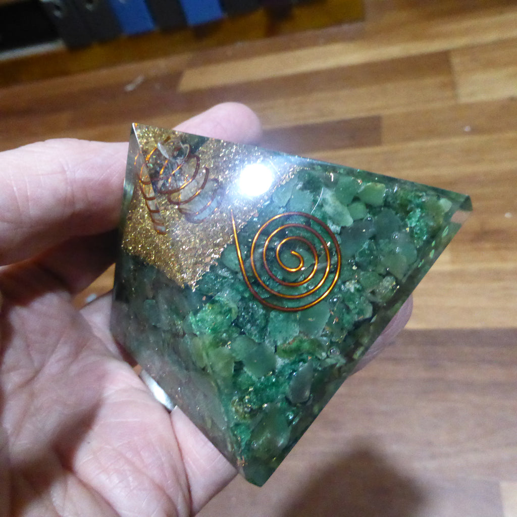 Orgonite Pyramid embedded with sparkling Green Aventurine Chips | Clear Crystal Point conduit in Copper Spiral | Accumulate Orgone Energy | All Round Healing | Crystal Heart Melbourne Australia since 1986