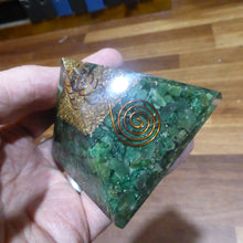 Load image into Gallery viewer, Orgonite Pyramid embedded with sparkling Green Aventurine Chips | Clear Crystal Point conduit in Copper Spiral | Accumulate Orgone Energy | All Round Healing | Crystal Heart Melbourne Australia since 1986
