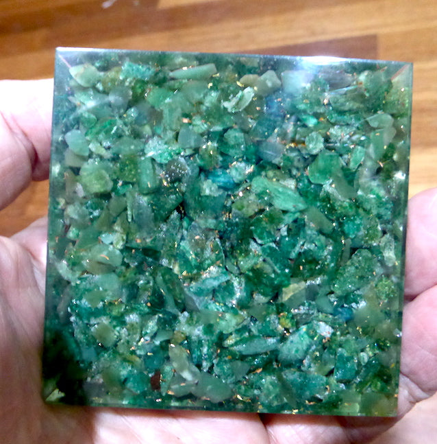 Orgonite Pyramid embedded with sparkling Green Aventurine Chips | Clear Crystal Point conduit in Copper Spiral | Accumulate Orgone Energy | All Round Healing | Crystal Heart Melbourne Australia since 1986