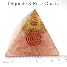 Load image into Gallery viewer, Orgonite Pyramid with genuine Rose Quartz Chips | Clear Crystal Point conduit in Copper Spiral | Accumulate Orgone Energy | Ground into your Heart | Energise and Recharge your Higher Love | Crystal Heart Melbourne Australia since 1986