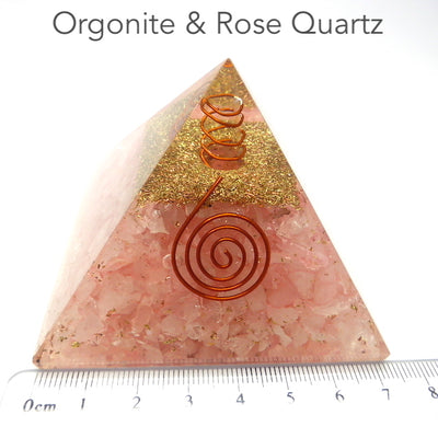 Orgonite Pyramid with genuine Rose Quartz Chips | Clear Crystal Point conduit in Copper Spiral | Accumulate Orgone Energy | Ground into your Heart | Energise and Recharge your Higher Love | Crystal Heart Melbourne Australia since 1986
