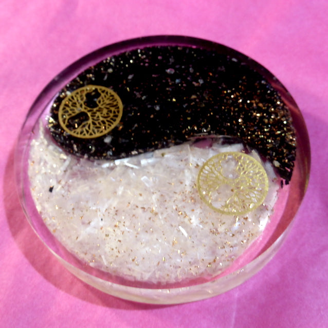 Large Orgonite Yin Yang Coaster with Black Tourmaline and White Selenite | The perfect representation of Universal Balance | Accumulate Orgone Energy | Harmony and Purifying Energies | Meditation | Crystal Heart Melbourne Australia since 1986