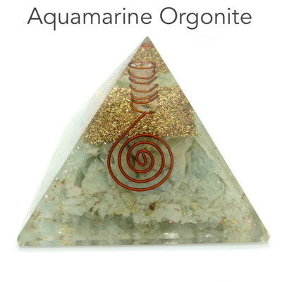 Orgonite Pyramid with Aquamarine Chips | Clear Crystal Point conduit in Copper Spiral | Accumulate Orgone Energy | Emotional flow and also strength | Crystal Heart Melbourne Australia since 1986
