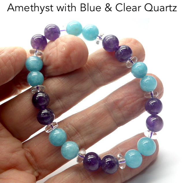 Amethyst and Blue Quartz Stretch Bead Bracelet | Fair Trade | Genuine Gems from Crystal Heart Melbourne Australia since 1986