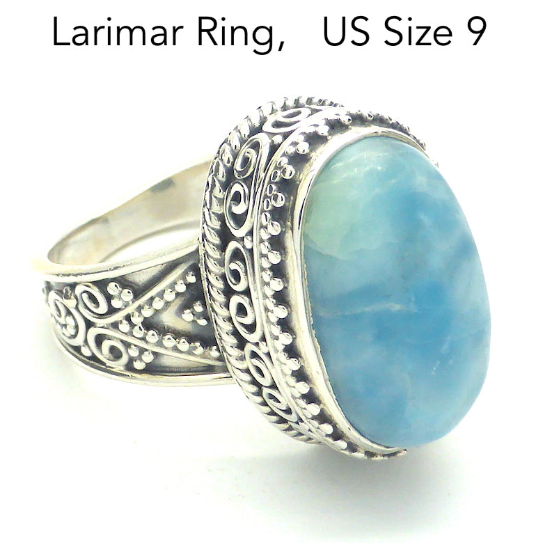 Larimar Ring | Ornate 925 Sterling Silver | Cabochon | Us Size 9 | AUS Size R1/2  | Dominican Republic Caribbean | Leo Stone | Pectolite Variety | Oceanic Sky blue Pectolite variety | Genuine Gems from Crystal Heart Melbourne Australia since 1986