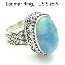 Load image into Gallery viewer, Larimar Ring | Ornate 925 Sterling Silver | Cabochon | Us Size 9 | AUS Size R1/2  | Dominican Republic Caribbean | Leo Stone | Pectolite Variety | Oceanic Sky blue Pectolite variety | Genuine Gems from Crystal Heart Melbourne Australia since 1986