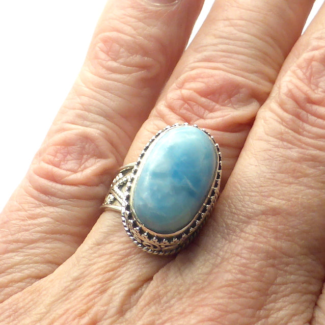 Larimar Ring | Ornate 925 Sterling Silver | Cabochon | Us Size 9 | AUS Size R1/2  | Dominican Republic Caribbean | Leo Stone | Pectolite Variety | Oceanic Sky blue Pectolite variety | Genuine Gems from Crystal Heart Melbourne Australia since 1986