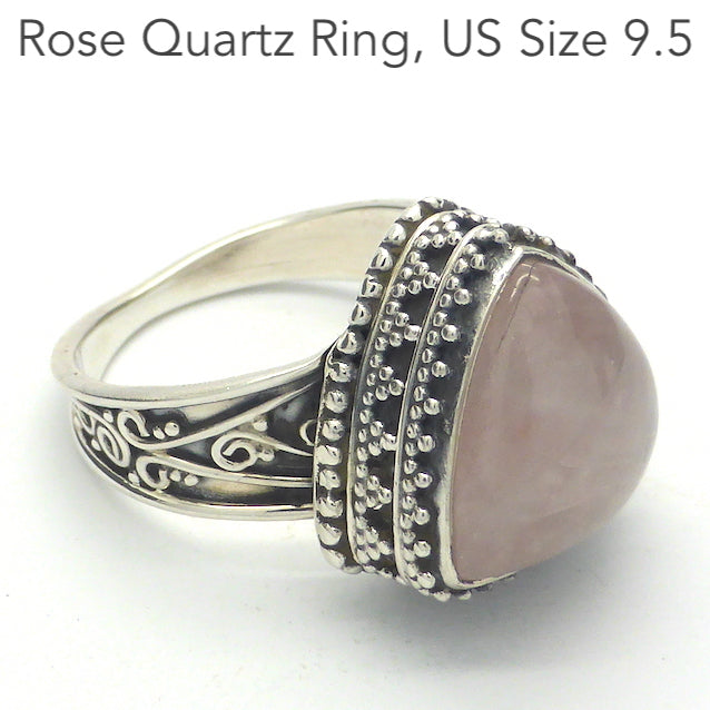 Rose Quartz Cabochon Gemstone Ring | Antique style oxidised silver | 925 Sterling Silver | US Size 9.5 | AUS Size S1/2 | Star Stone Taurus Libra  | Genuine Gemstones from Crystal Heart Melbourne since 1986 