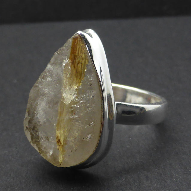 Rutilated Quartz Ring | Angels Hair | Raw Unpolished Natural Teardrop | 925 Sterling Silver | US Size 8.5 | AUS or UK Q 1/2 | Crown Chakra | New Directions | Prosperity | Genuine Gems from Crystal Heart Australia since 1986