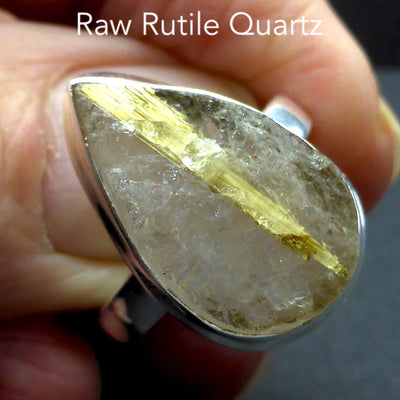 Rutilated Quartz Ring | Angels Hair | Raw Unpolished Natural Teardrop | 925 Sterling Silver | US Size 8.5 | AUS or UK Q 1/2 | Crown Chakra | New Directions | Prosperity | Genuine Gems from Crystal Heart Australia since 1986