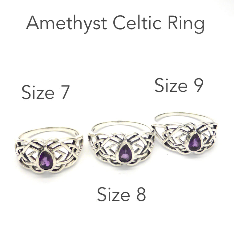 Amethyst Celtic Knotwork Ring, Faceted Teardrop, 925 r1