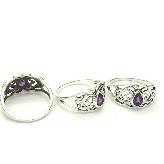 Celtic Knotwork Ring | Amethyst Faceted Teardrop  | 925 Sterling Silver | US Size 7, 8 or 9 | Genuine Gems from Crystal Heart Melbourne Australia since 1986