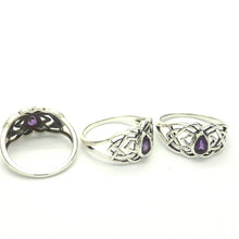 Load image into Gallery viewer, Celtic Knotwork Ring | Amethyst Faceted Teardrop  | 925 Sterling Silver | US Size 7, 8 or 9 | Genuine Gems from Crystal Heart Melbourne Australia since 1986