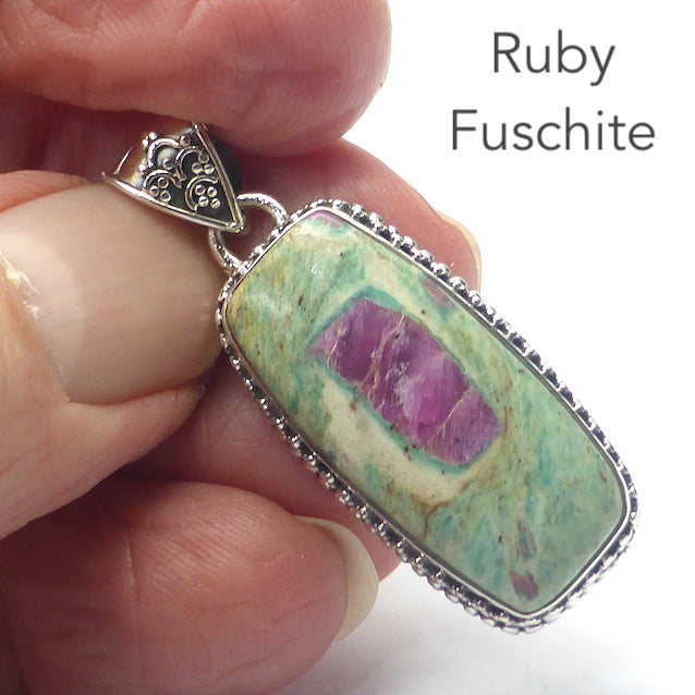 Ruby in Fuschite Pendant, Oblong, Ornate 925 Silver, r4