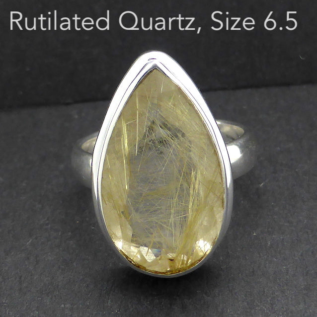 Rutilated Quartz Ring | Angels Hair | Faceted Teardrop | 925 Sterling Silver | US 6.5 | AUS or UK Size M1/2 | Crown Chakra | New Dir