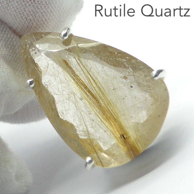 Rutilated Quartz Pendant | Angels Hair | Faceted Teardrop | 925 Sterling Silver | Crown Chakra | New Directions | Prosperity | Genuine Gems from Crystal Heart Australia since 1986