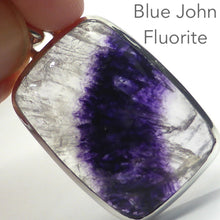 Load image into Gallery viewer, Fluorite Pendant | Blue John | Derbyshire UK | Oblong Cabochon | 925 Sterling Silver | Purple and Gold background | Study | Pisces, Capricorn | Genuine Gems from Crystal Heart Melbourne Australia since 1986