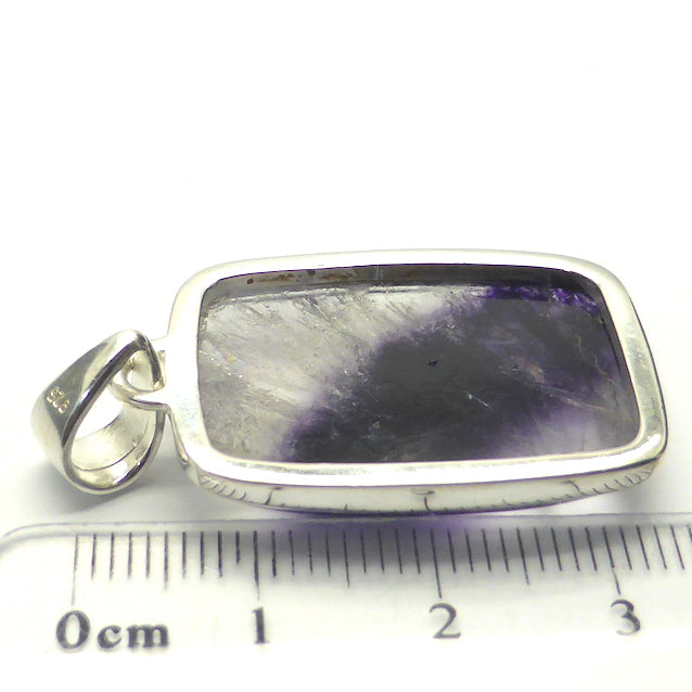 Fluorite Pendant | Blue John | Derbyshire UK | Oblong Cabochon | 925 Sterling Silver | Purple and Gold background | Study | Pisces, Capricorn | Genuine Gems from Crystal Heart Melbourne Australia since 1986