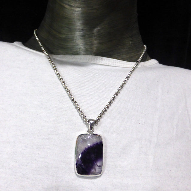 Fluorite Pendant | Blue John | Derbyshire UK | Oblong Cabochon | 925 Sterling Silver | Purple and Gold background | Study | Pisces, Capricorn | Genuine Gems from Crystal Heart Melbourne Australia since 1986