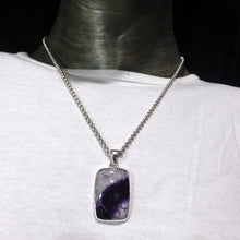 Load image into Gallery viewer, Fluorite Pendant | Blue John | Derbyshire UK | Oblong Cabochon | 925 Sterling Silver | Purple and Gold background | Study | Pisces, Capricorn | Genuine Gems from Crystal Heart Melbourne Australia since 1986