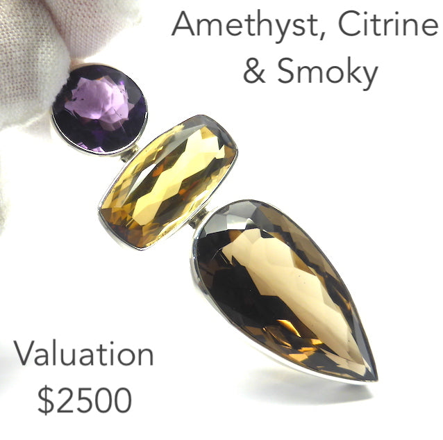 Faceted Amethyst, Smoky Quartz and Natural Citrine Pendant, | 925 Sterling Silver | Flawless A Grade Stones with excellent colour | Abundant Energy Repel Negativity | Spiritual Vision | Comes with valuation | Genuine Gems from Crystal Heart Melbourne Australia  since 1986