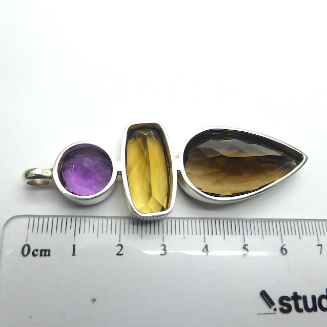 Faceted Amethyst, Smoky Quartz and Natural Citrine Pendant, | 925 Sterling Silver | Flawless A Grade Stones with excellent colour | Abundant Energy Repel Negativity | Spiritual Vision | Comes with valuation | Genuine Gems from Crystal Heart Melbourne Australia  since 1986