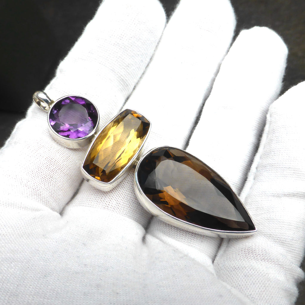 Faceted Amethyst, Smoky Quartz and Natural Citrine Pendant, | 925 Sterling Silver | Flawless A Grade Stones with excellent colour | Abundant Energy Repel Negativity | Spiritual Vision | Comes with valuation | Genuine Gems from Crystal Heart Melbourne Australia  since 1986