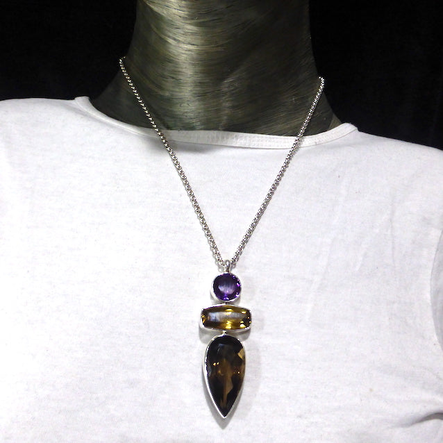 Faceted Amethyst, Smoky Quartz and Natural Citrine Pendant, | 925 Sterling Silver | Flawless A Grade Stones with excellent colour | Abundant Energy Repel Negativity | Spiritual Vision | Comes with valuation | Genuine Gems from Crystal Heart Melbourne Australia  since 1986