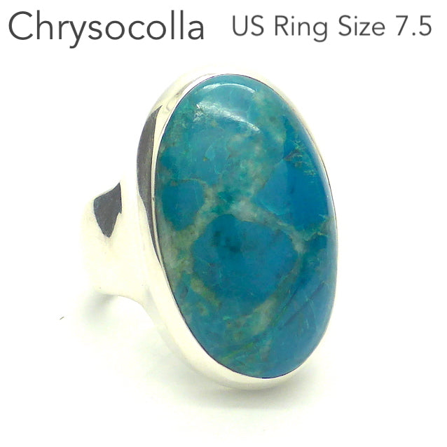 Chrysocolla Ring | Oval Cabochon | 925 Sterling Silver | Simple style, Superior Silver work | US Size 7.5  | AUS Size O1/2 | Gaia Healing | Genuine Gems from Crystal Heart Melbourne Australia since 1986