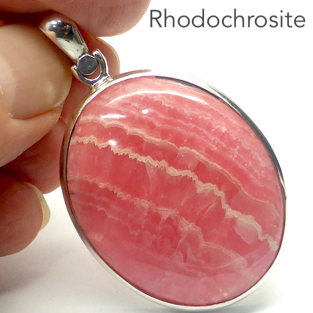 Rhodochrosite Pendant, Large Oval Cabochon, 925 Silver p1