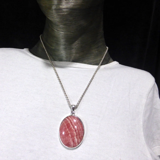 Rhodochrosite Pendant |  Salmon Red with characteristic white curved inclusions | Quality 925 Sterling Silver Setting with open back | Deep compassion, wish fulfillment | Genuine Gems from Crystal Heart Melbourne Australia since 1986