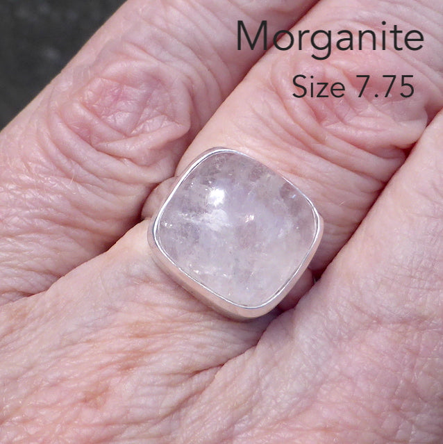 Morganite Ring Square Cabochon | Pink Beryl | Good Color &Translucency | 925 Sterling Silver | Besel Set | Comfy Curved Bezel | US Size 7.75 |AUS Size P | Divine Love | Libra Stone | Genuine Gems from Crystal Heart Melbourne Australia since 1986