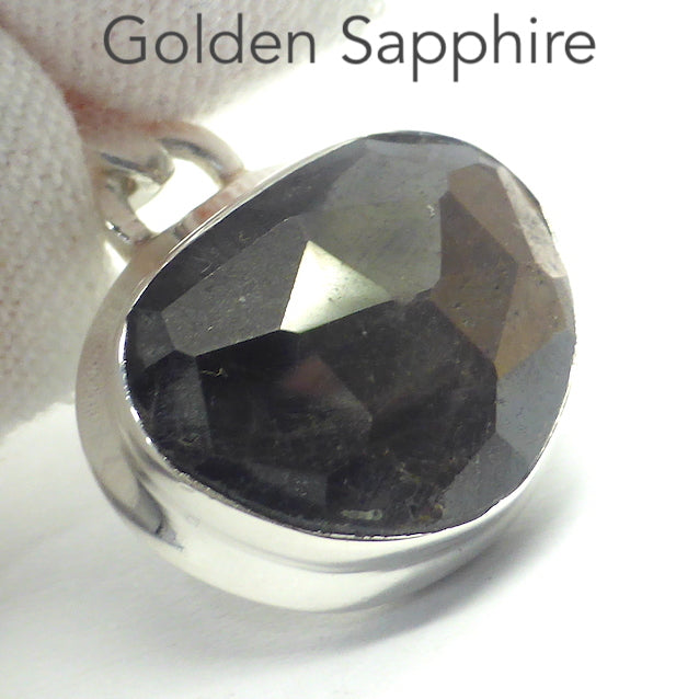 Golden Sapphire Pendant | Faceted matrix with flashy chatoyancy | 925 Sterling Silver | Open Back | Protective heart warming grounding | Genuine Gems from Crystal Heart Melbourne Australia since 1986