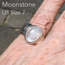 Load image into Gallery viewer, Ring Rainbow Moonstone Ring | Oval Cabochon | Blue  Flash | Heavy 925 Sterling Silver Setting with wide band | US Size 7 | AUS Size N1/2 | Cancer Libra Scorpio | Genuine Gems from Crystal Heart Melbourne Australia since 1986