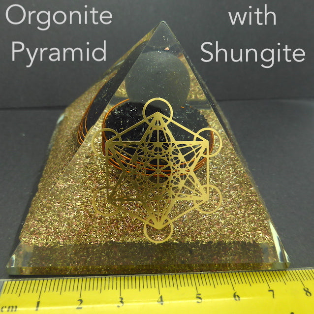 Orgonite Pyramid with genuine Shungite Sphere over Black Tourmaline | Cube of Metatron Mandala | Clear Crystal Point conduit in Copper Spiral | Accumulate Orgone Energy | Access Universal Energy for Healing | Crystal Heart Melbourne Australia since 1986