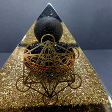 Load image into Gallery viewer, Orgonite Pyramid with genuine Shungite Sphere over Black Tourmaline | Cube of Metatron Mandala | Clear Crystal Point conduit in Copper Spiral | Accumulate Orgone Energy | Access Universal Energy for Healing | Crystal Heart Melbourne Australia since 1986