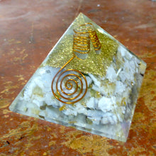 Load image into Gallery viewer, Orgonite Pyramid with genuine Blue Lace Agate Chips | Clear Crystal Point conduit in Copper Spiral | Accumulate Orgone Energy | Empower clear Communication and expression | Meditation | Crystal Heart Melbourne Australia since 1986