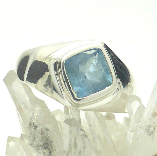 Aquamarine Ring | Signet Style | 925 Sterling Silver | Faceted Square set as Diamond | US Size 6 | AUS Size L1/2 | Beautiful Gem, just a few inclusions | Emotional uplifts calm and strength | Genuine Gemstones from Crystal Heart Melbourne Australia since 1986